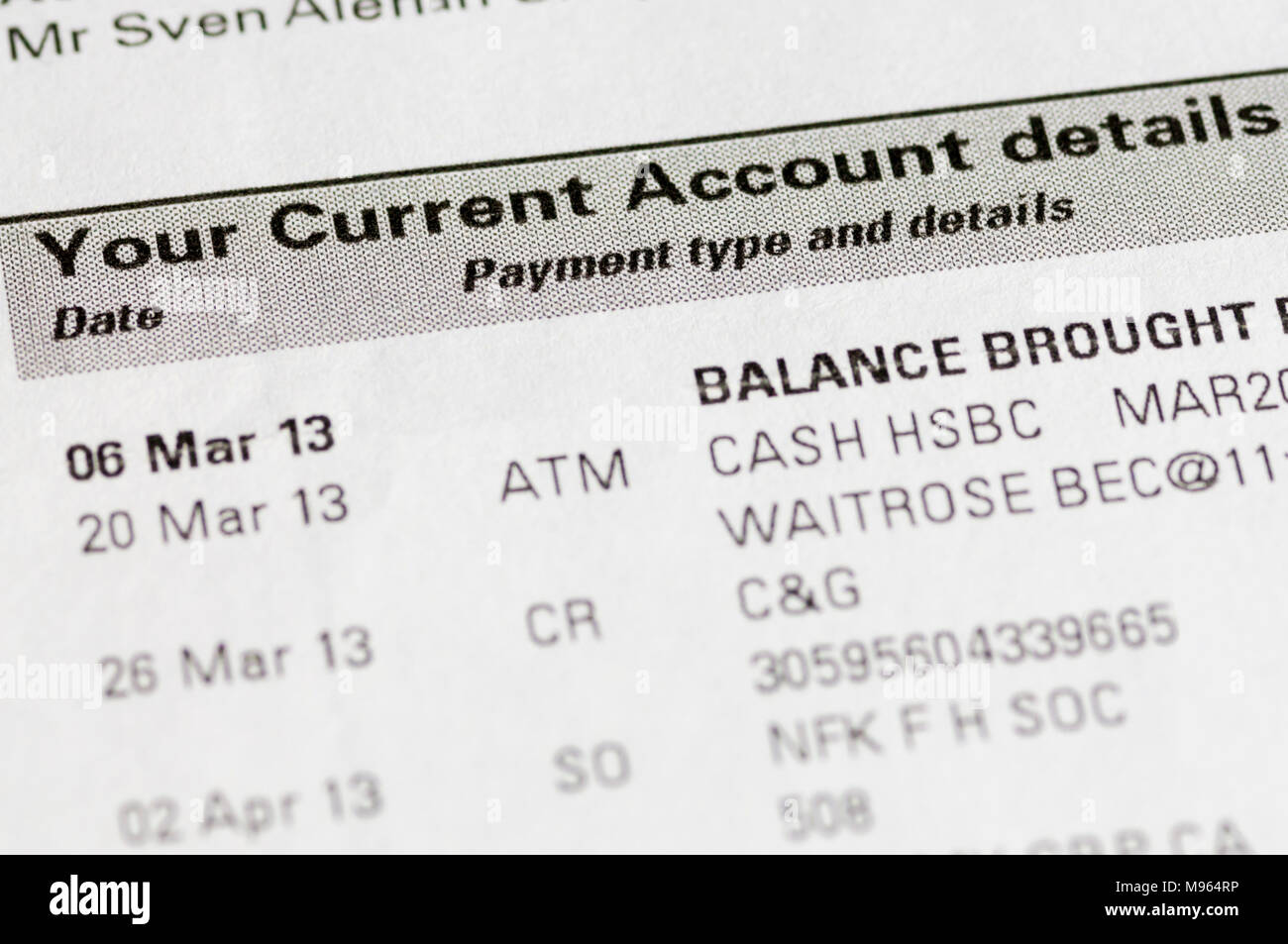 A Current Account bank statement from HSBC showing itemised transactions.  NB: Details have been anonymised. Stock Photo