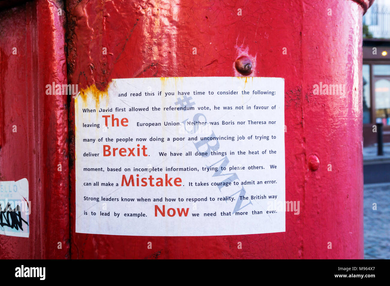 An anti-Brexit message pasted onto a pillar box in Margate, Kent, a strongly leave voting area of the country Stock Photo