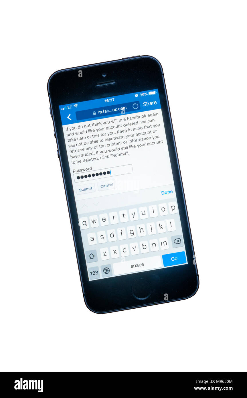 Screens showing permanent deletion of a facebook account on an iphone 6. Stock Photo