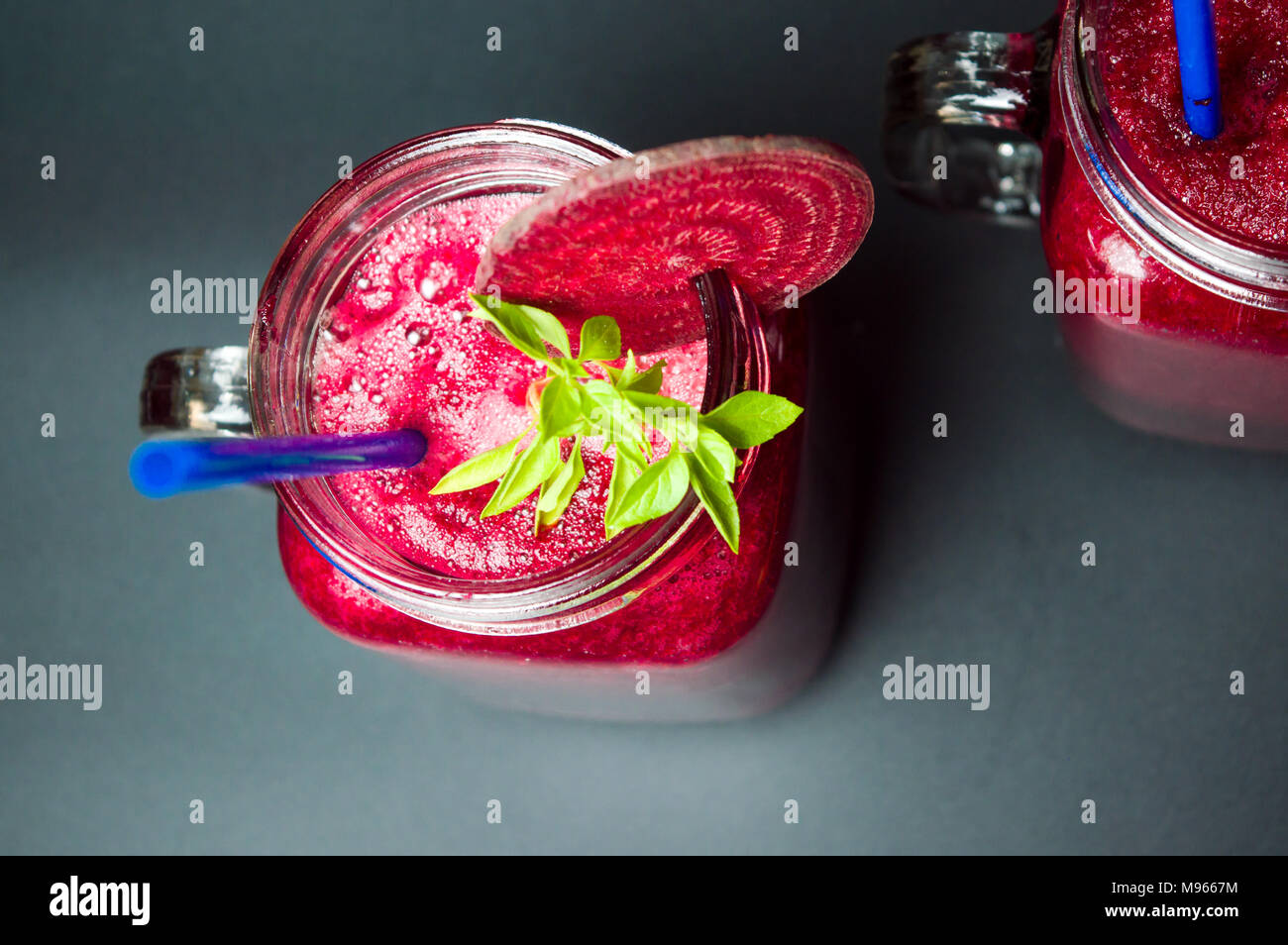Healthy beetroot smoothie in a jar top view Stock Photo Alamy