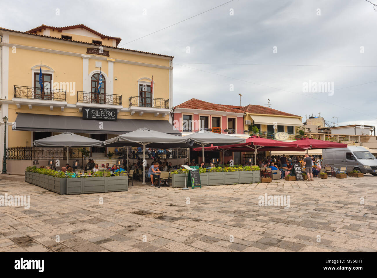 ZAKYNTHOS, GREECE - September 29, 2017: Promenade with restaurants in Zante Town. Zakynthos island, Greece Stock Photo