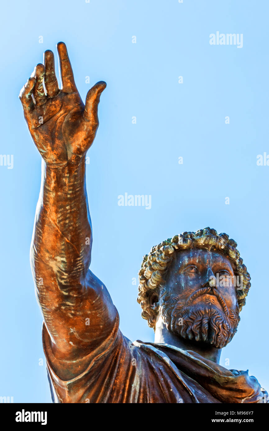 Marcus Aurelius hand outstretched and gazing ahead on Capitoline Hill in Rome Stock Photo