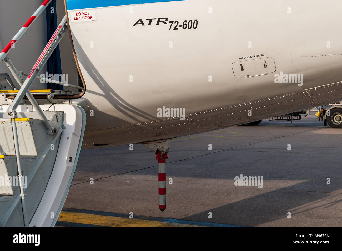 Removable tail stand on an Aer Lingus/Stobart Air ATR 72-600 aircraft to prevent the aircraft from tipping over due to weight imbalance. Stock Photo