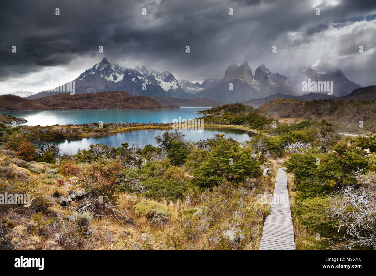 Torres del Paine National Park, Lake Pehoe and Cuernos mountains, Patagonia, Chile Stock Photo