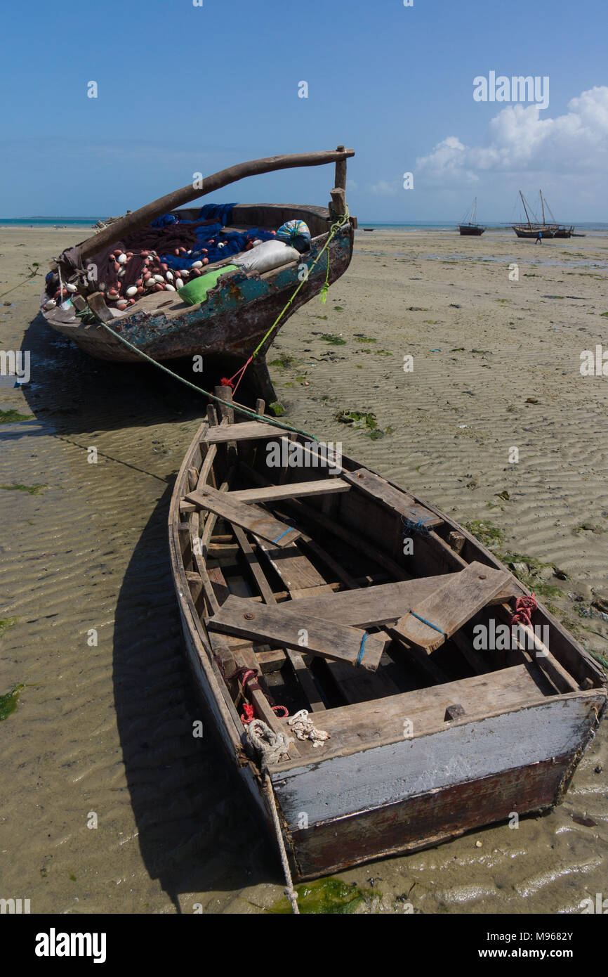 Fishing boats on the coast of Zanzibar, Tanzania, East Africa Stock Photo