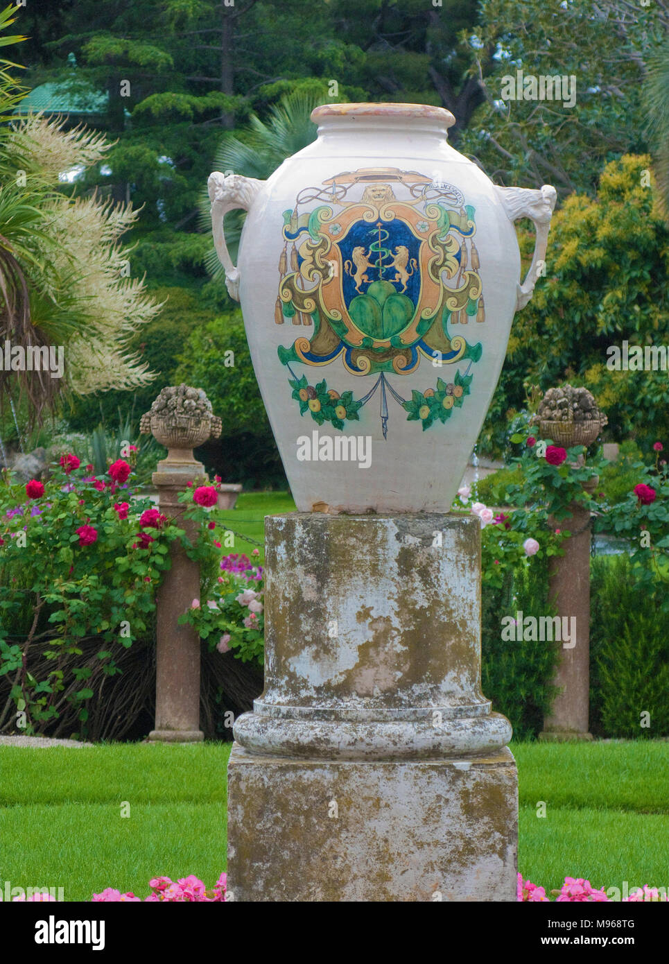 Ceramic vase with crest in the garden of Villa Ephrussi de Rothschild, Cape Ferrat, South France, Var, Cote Azur, France, Europe Stock Photo