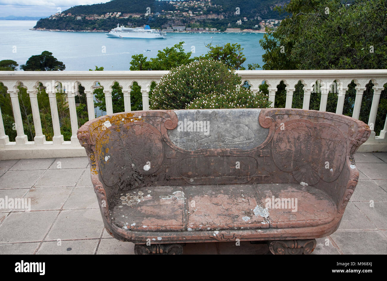 Ancient bench at garden of Villa Ephrussi de Rothschild, tuscan architecture at Cape Ferrat, South France, Var, Cote Azur, France, Europe Stock Photo