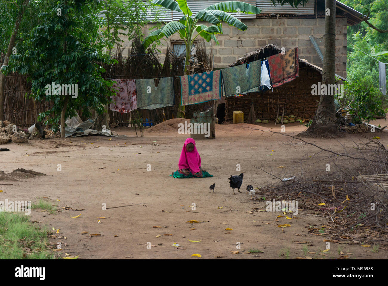 Young African girl looking lonely sitting in a dirt yard in front of the family house with chickens running around. Stock Photo