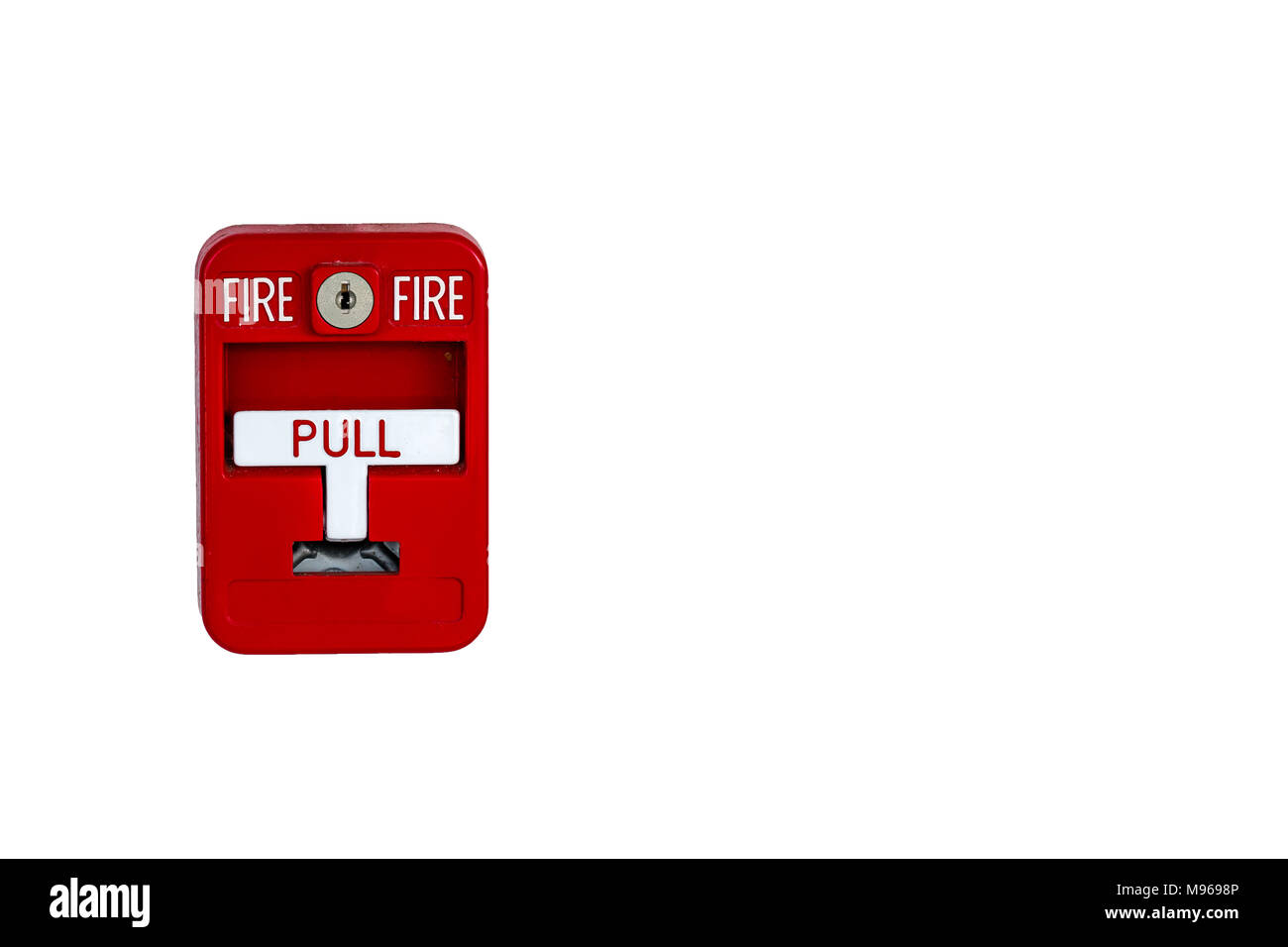 Old red box fire alarm  isolated on white background Stock Photo