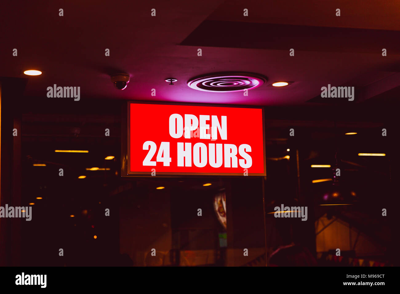 Open 24 Hours Sign Banner In Shop Stock Photo Alamy