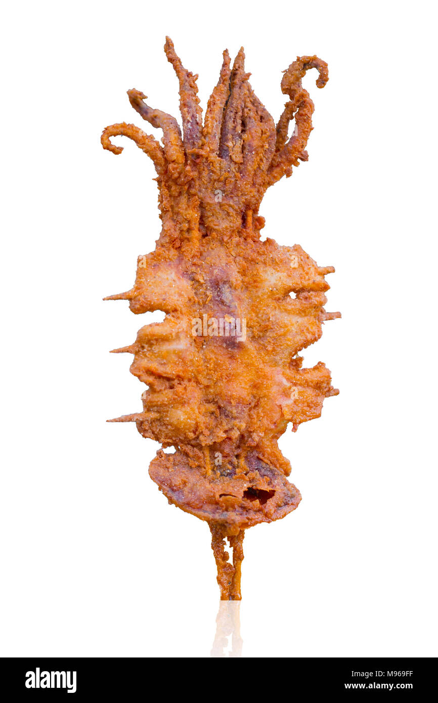 Korea style giant fried squid food snack isolated on white with