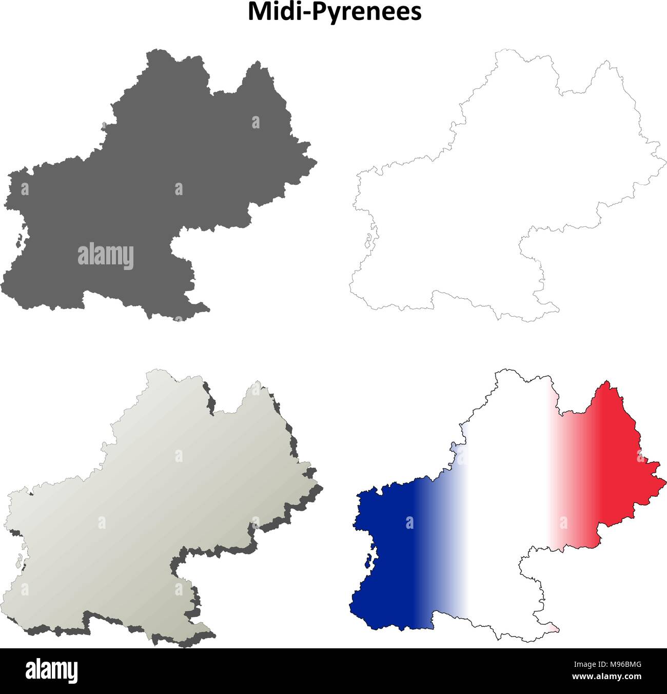 Midi-Pyrenees blank detailed outline map set  Stock Vector