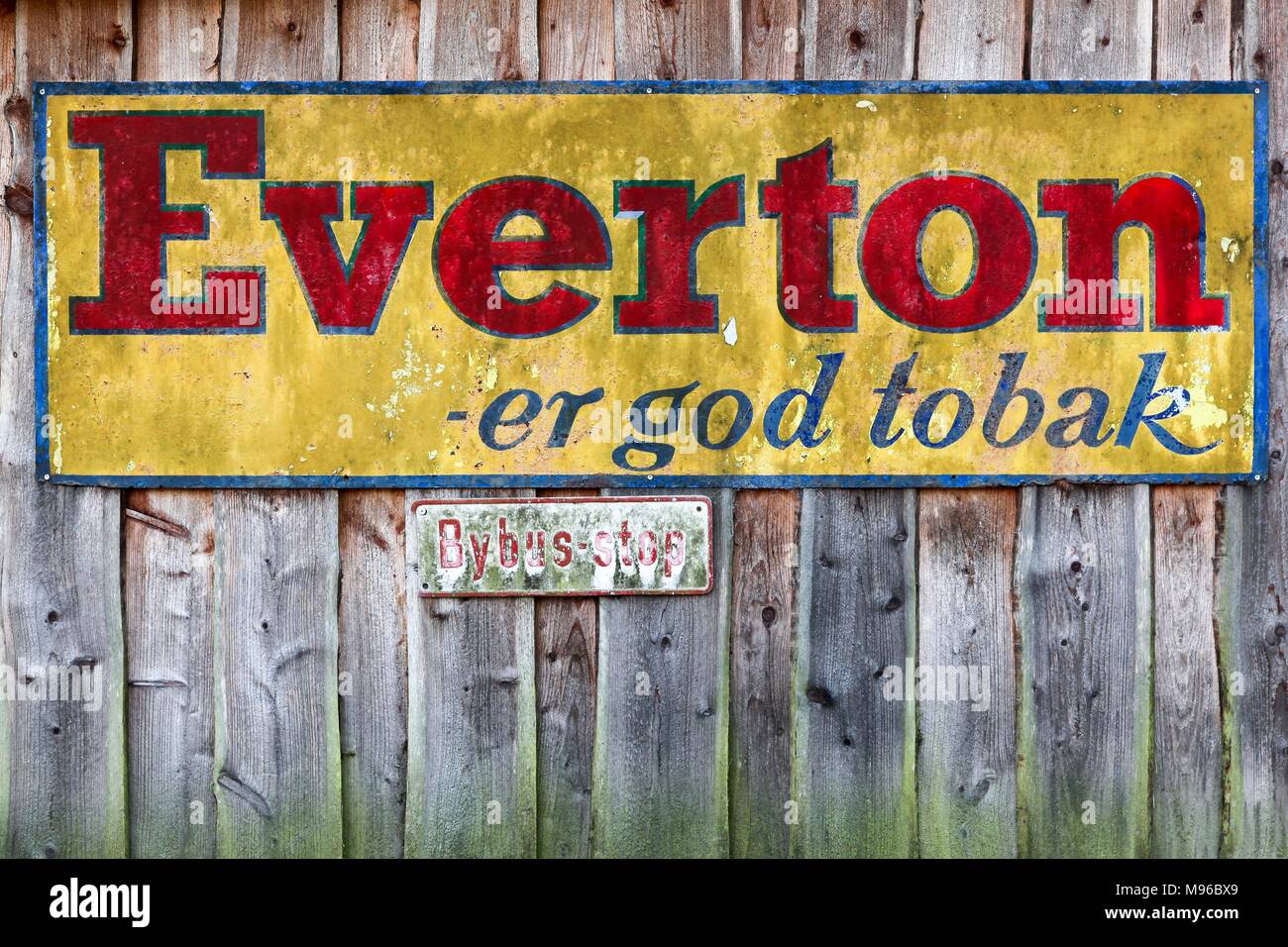 Vejle, Denmark - November 12, 2015:Old advertising of Everton Tobacco on a wooden wall in Denmark Stock Photo