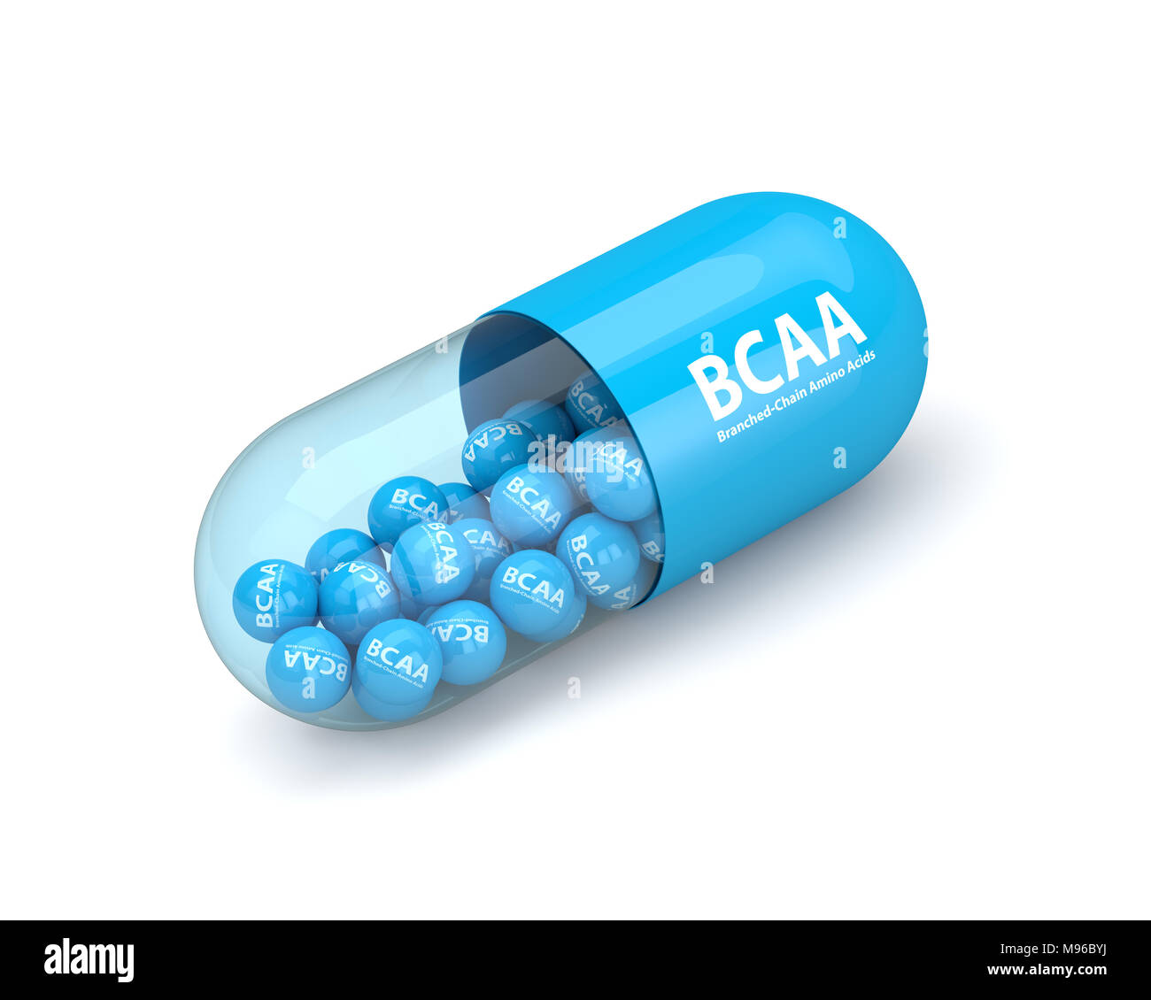 3d render of BCAA pill with granules lying on white table. Sports nutrition concept. Stock Photo