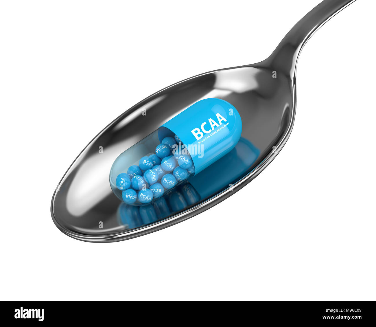 3d render of BCAA pill with granules on spoon over white. Sports nutrition concept. Stock Photo