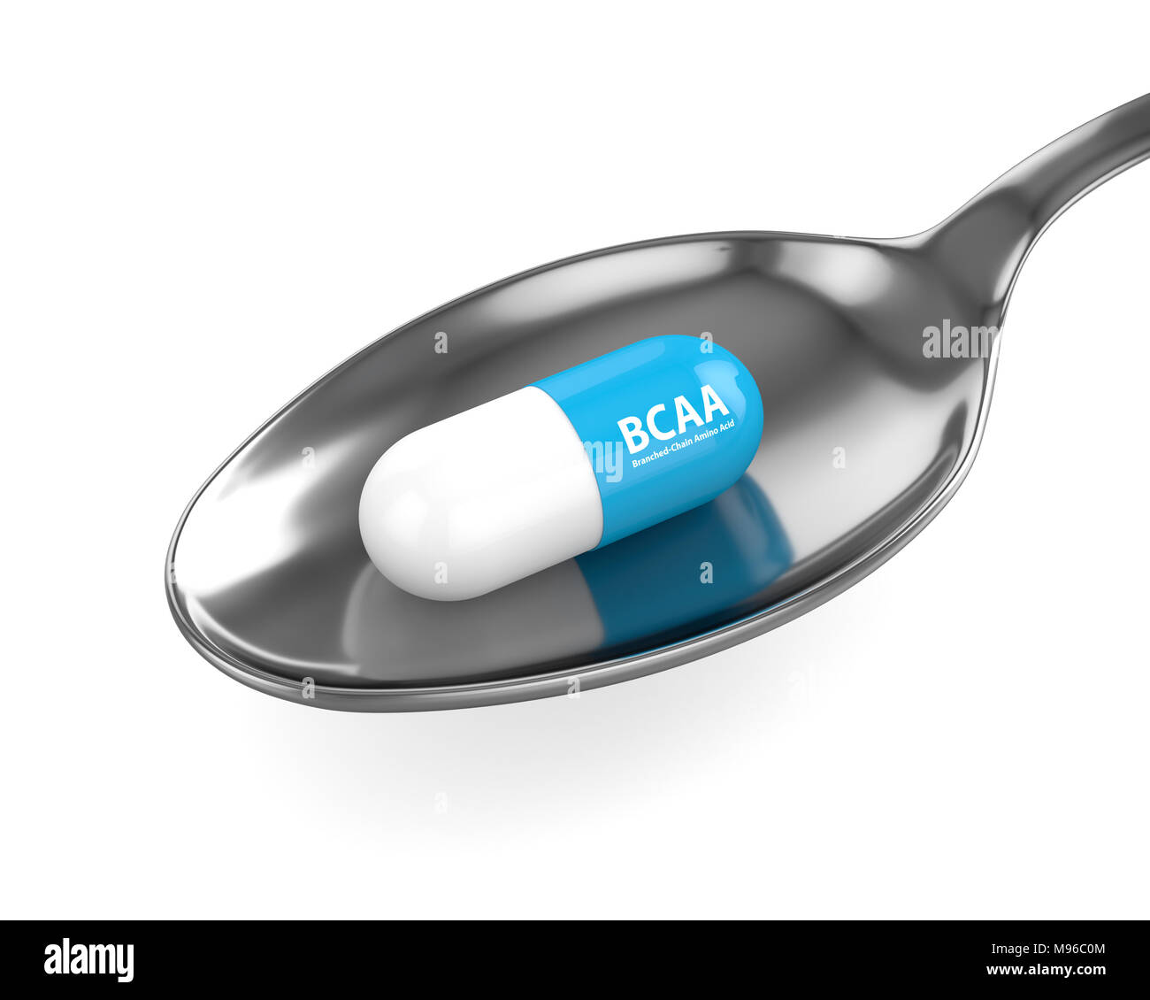 3d render of BCAA pill on the spoon isolated over white. Sports nutrition concept. Stock Photo