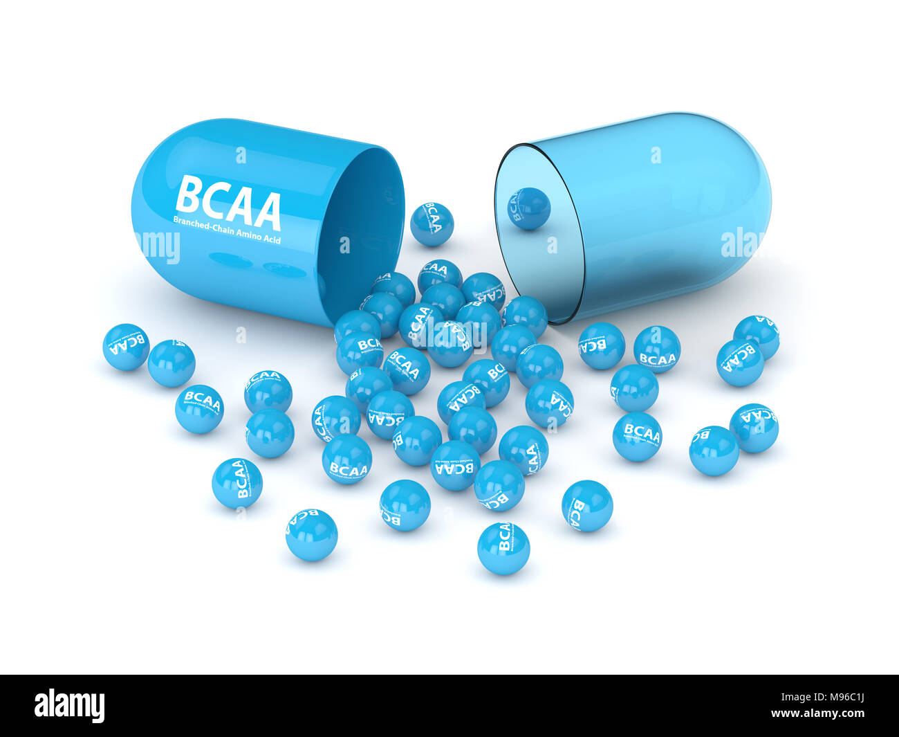 3d render of BCAA pill and granules lying on white table. Sports nutrition concept. Stock Photo