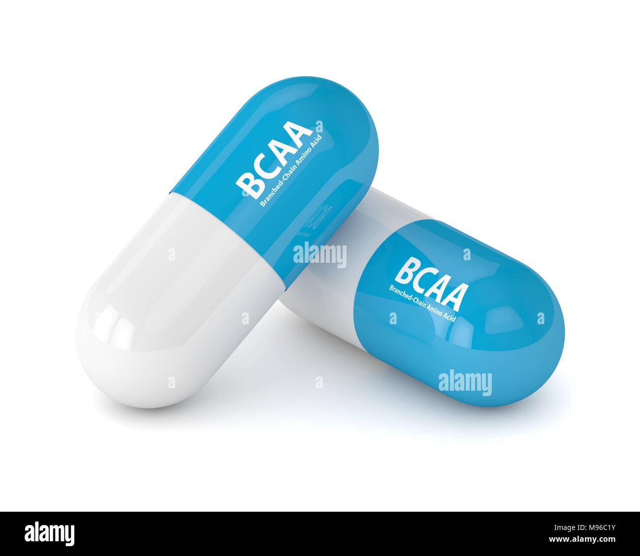 3d render of BCAA pills lying on white table. Sports nutrition concept. Stock Photo