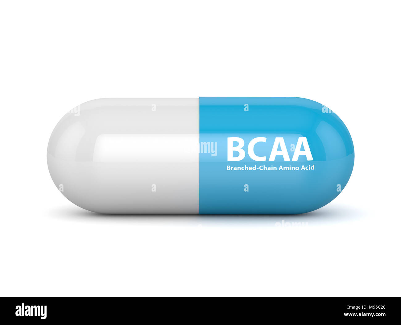 3d render of BCAA pills lying on white background. Sports nutrition concept. Stock Photo