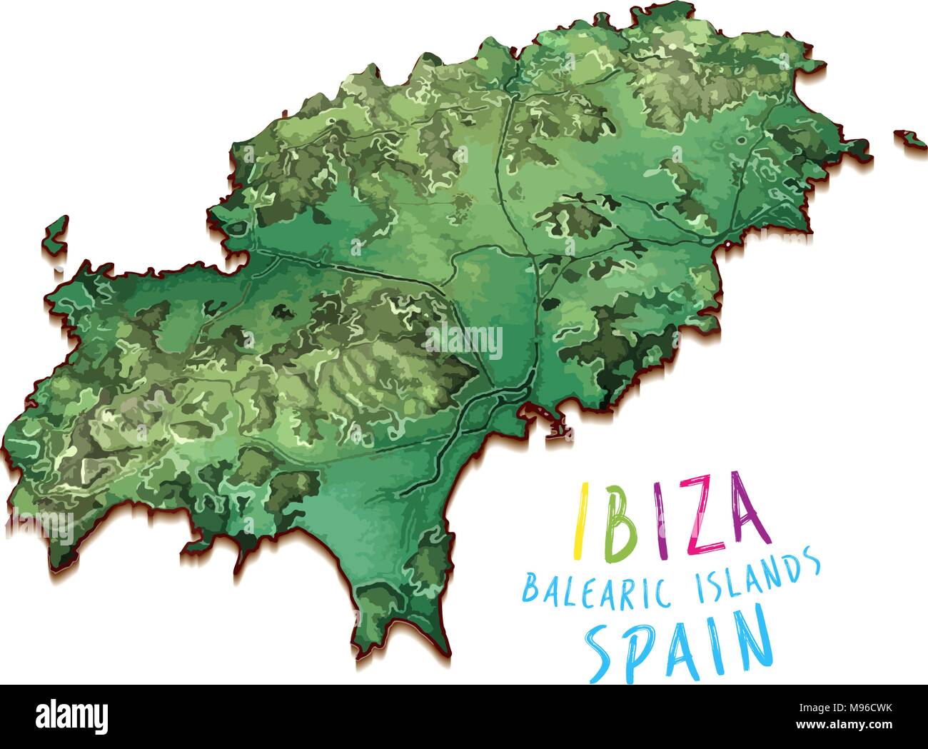 3D Island Map of Ibiza. Detailed vector illustration. Isolated concept for infographic and marketing. Stock Vector