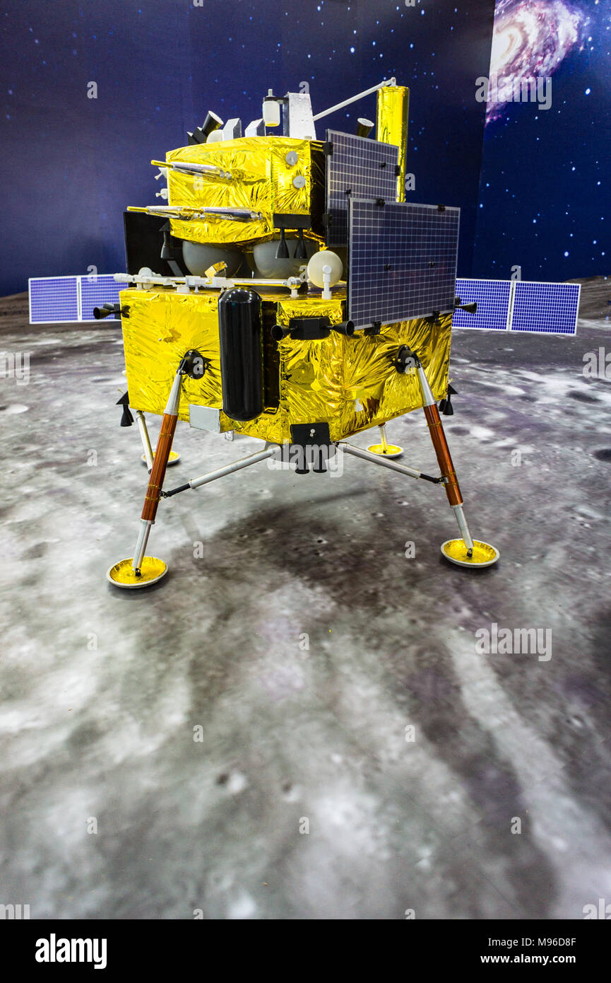 Chinese lunar lander model exhibit at China space exploration event in Hong Kong Stock Photo
