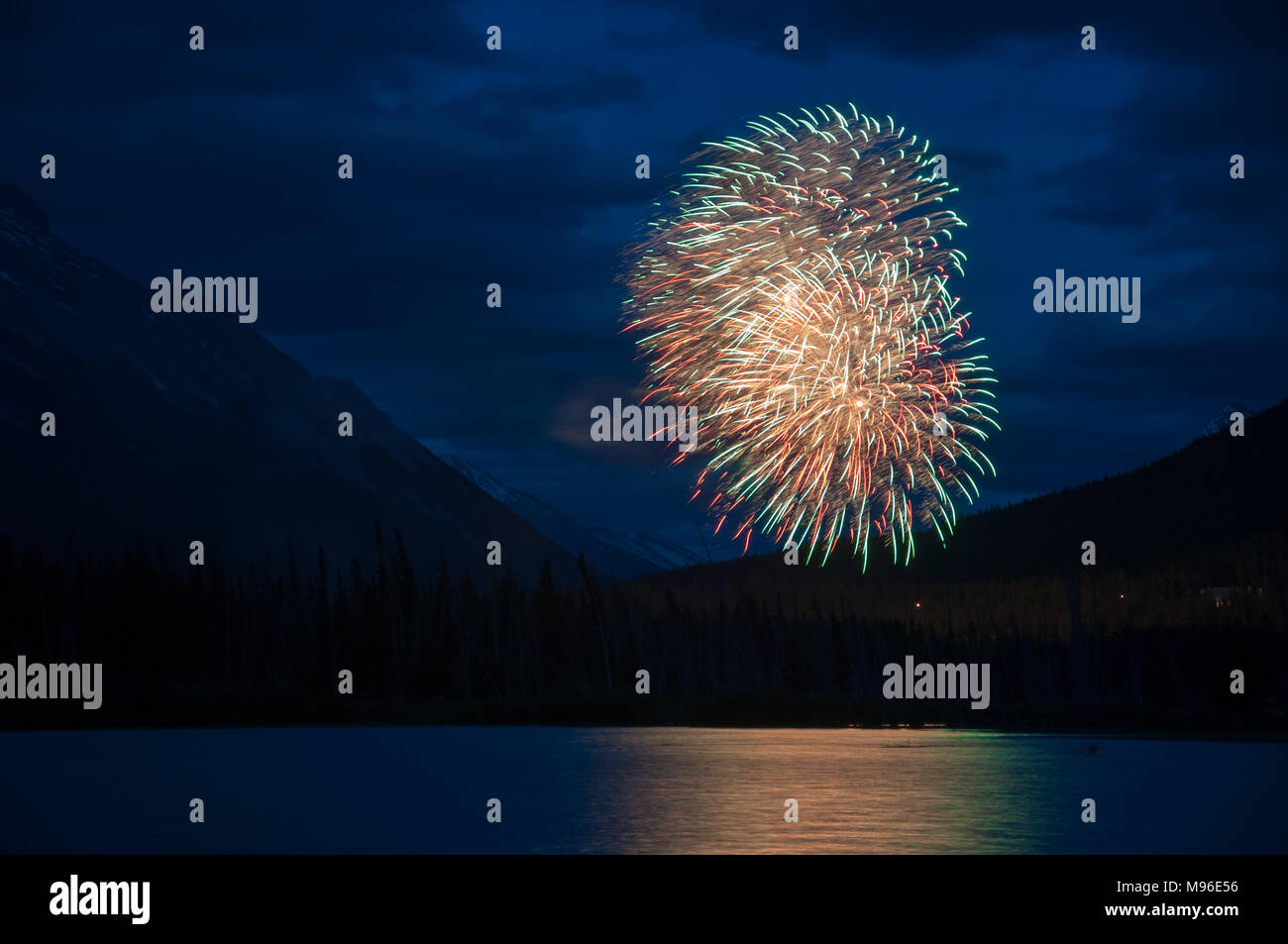 Fireworks over Vermillion Lakes, Banff National Park, Alberta, Canada