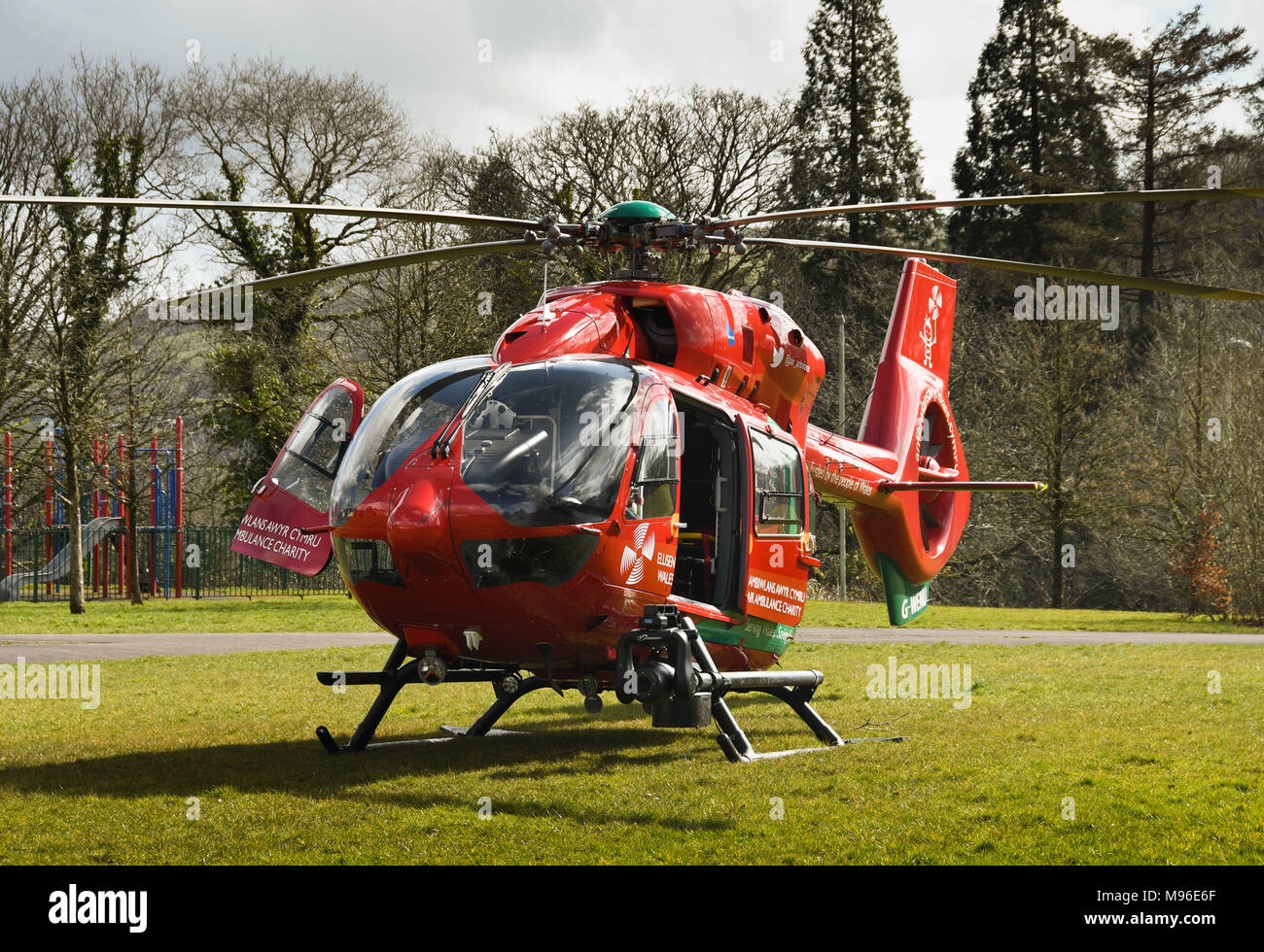 Airbus helicopter of the Wales Air Ambulance service on the ground during an emergency mission Stock Photo