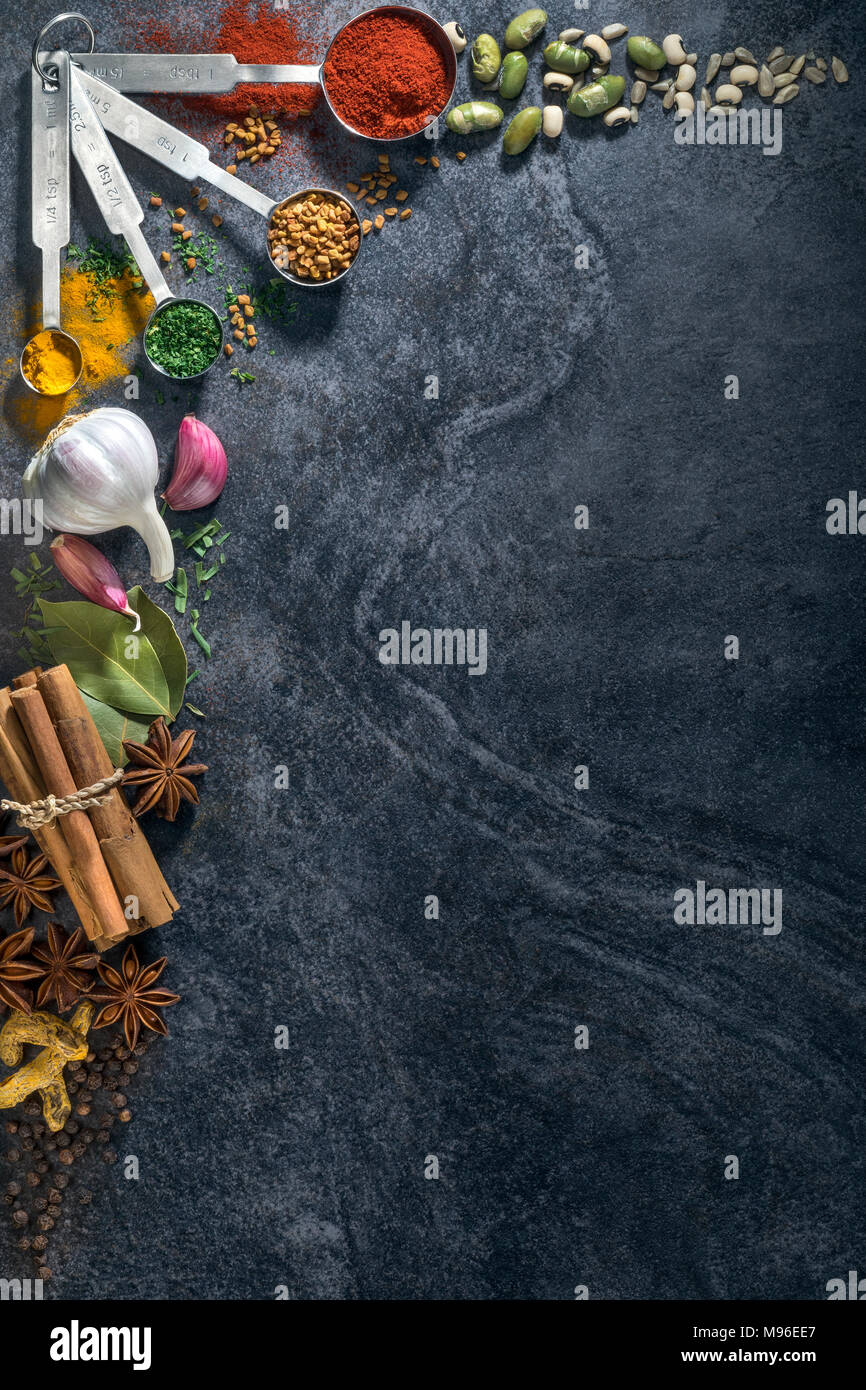 Herbs, spices, pulses - Border with space for text Stock Photo