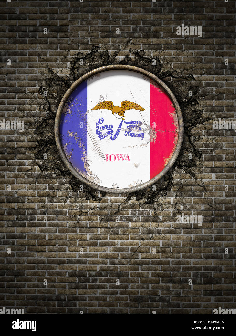 3d rendering of an Iowa State flag over a rusty metallic plate embedded ...
