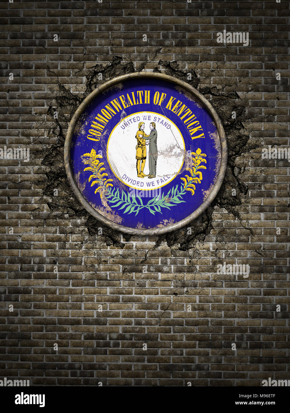3d rendering of a Kentucky State flag over a rusty metallic plate ...