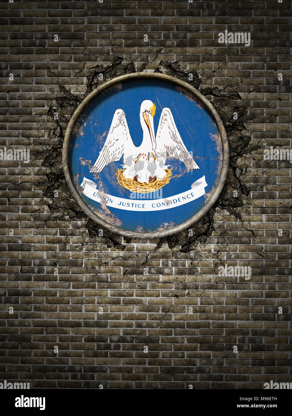 3d rendering of a Louisiana State flag over a rusty metallic plate ...
