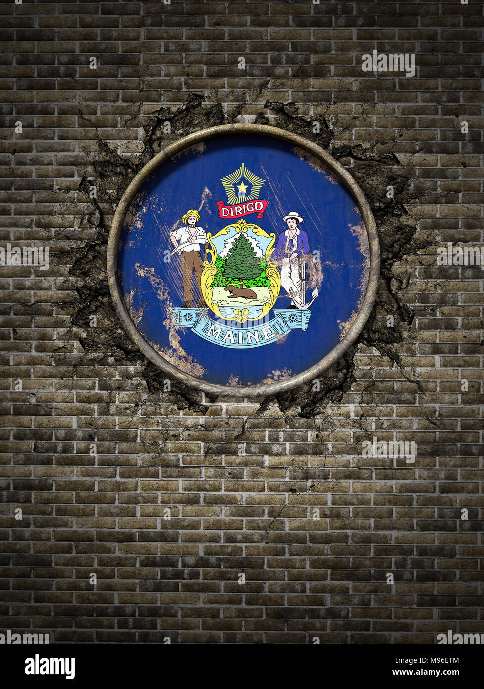 3d rendering of a Maine State flag over a rusty metallic plate embedded ...