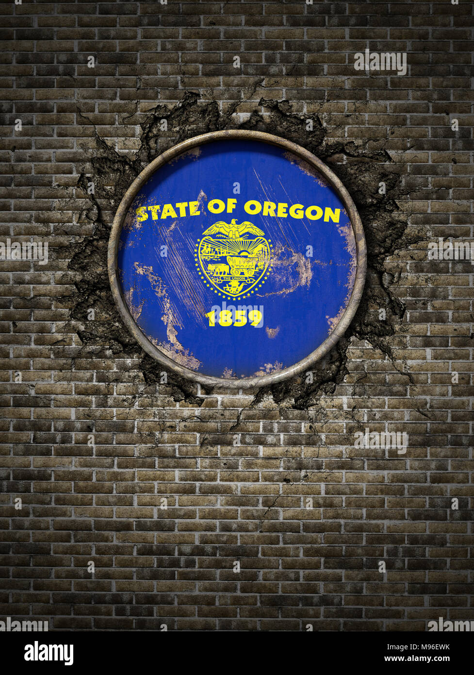 3d rendering of an Oregon State flag over a rusty metallic plate ...