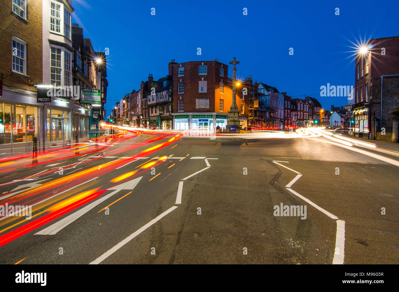 Light Trails in Tewkesbury Town Center Stock Photo