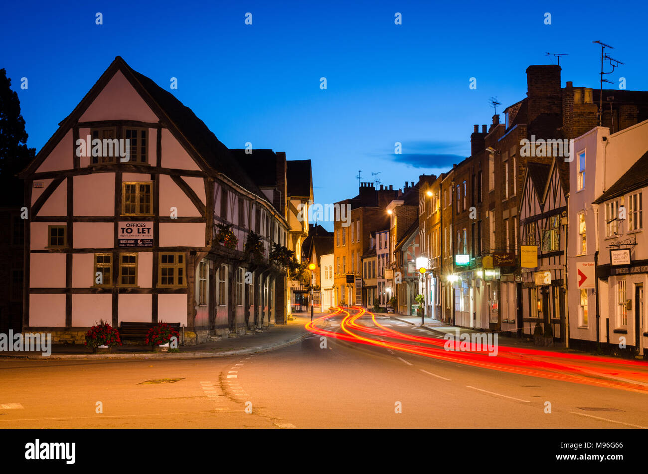 Light Trails in Tewkesbury Town Center Stock Photo