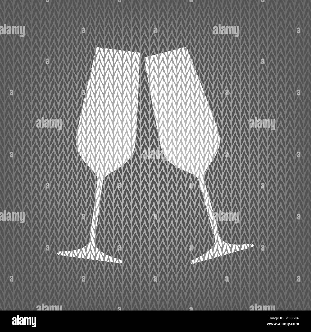 Sparkling champagne glasses. Vector. White knitted icon on gray knitted