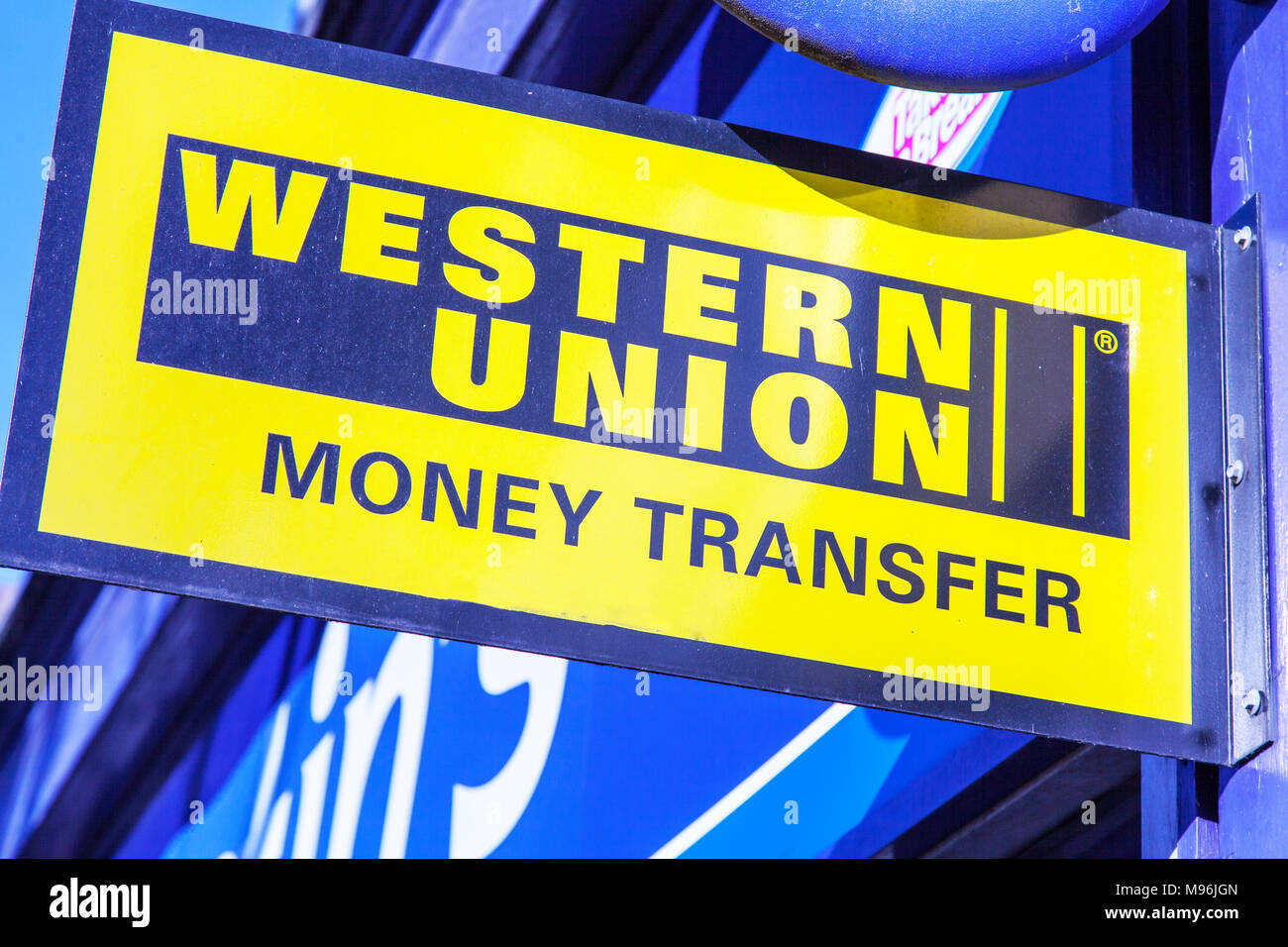 Western union sign money transfer shop company name, Western union sign, Western union money transfer company, Western union shop sign uk Stock Photo