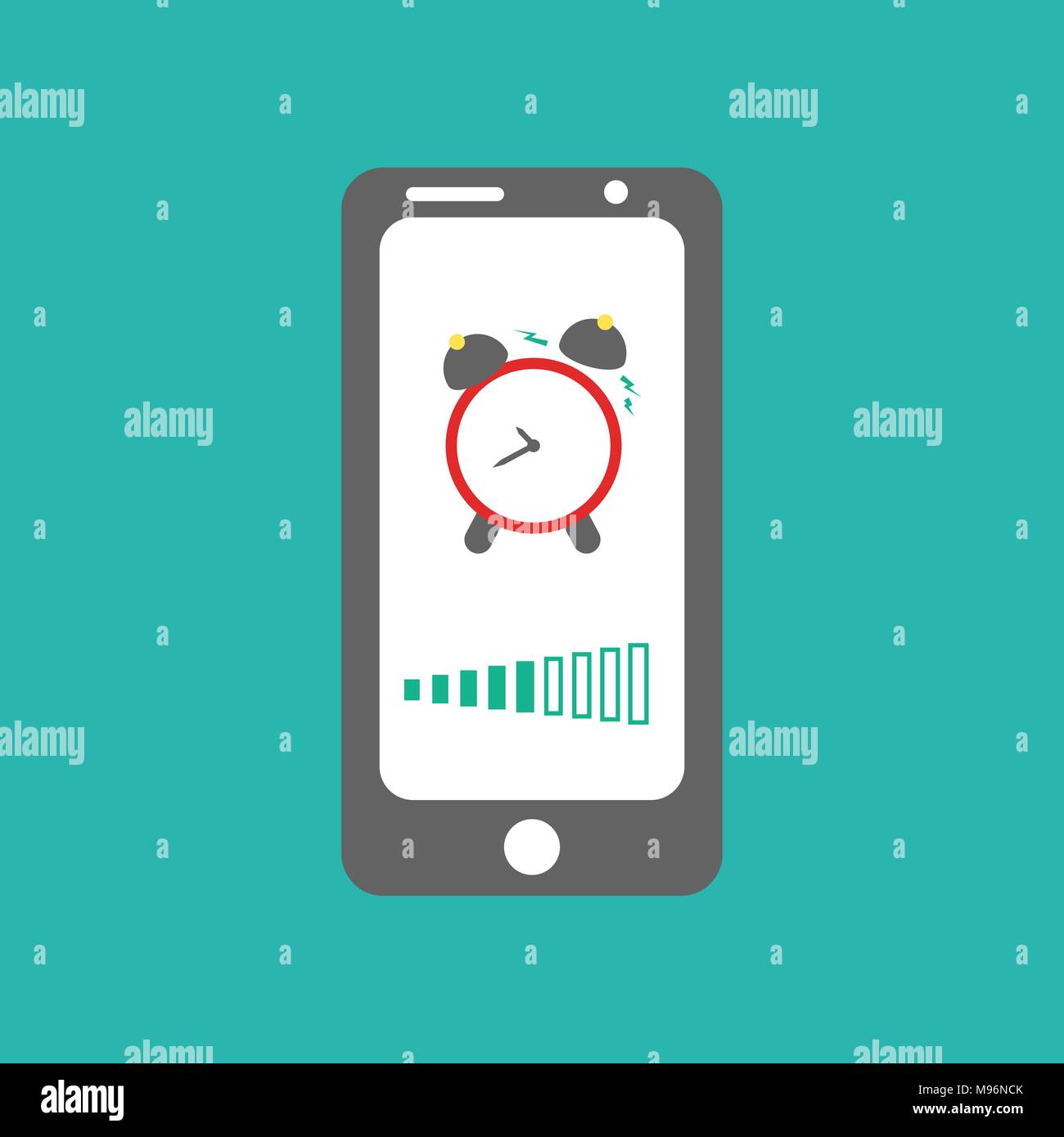 Smart phone alarm clock. Red clock on mobile screen with sound ...
