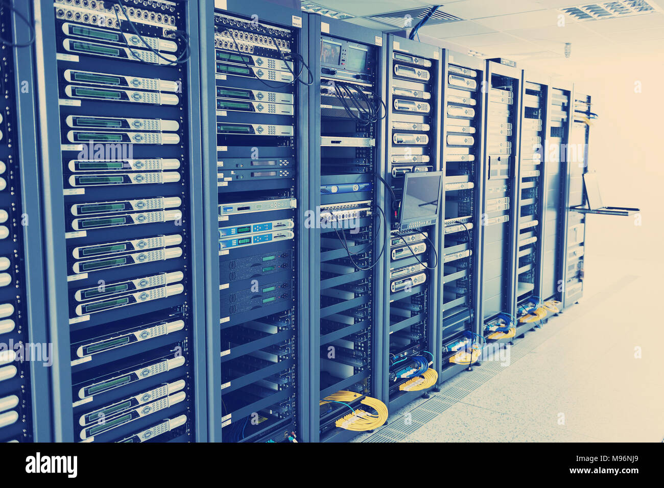 network server room with computers for digital tv ip communications and