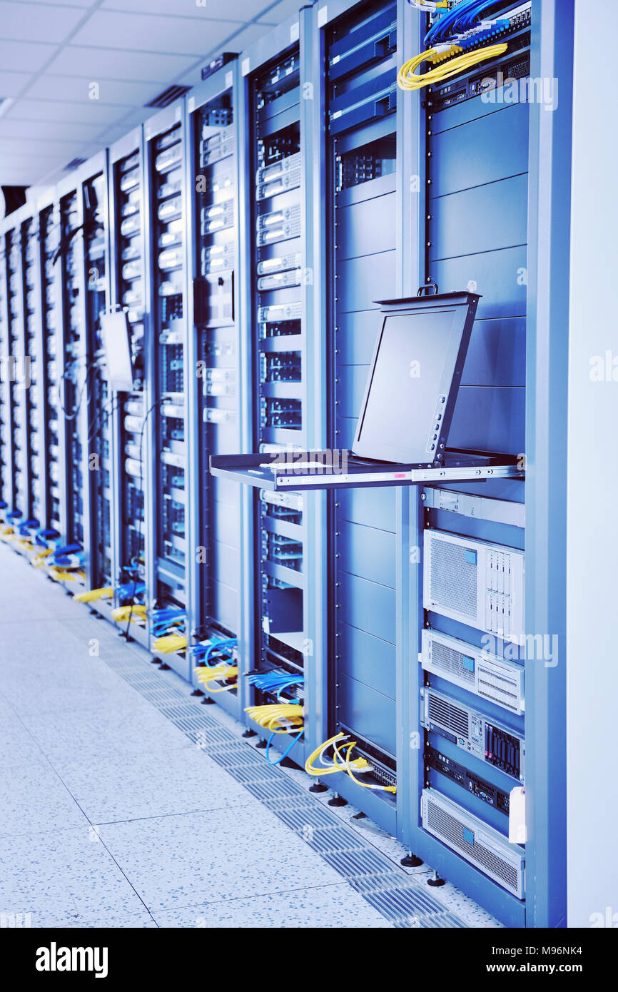 network server room with computers for digital tv ip communications and