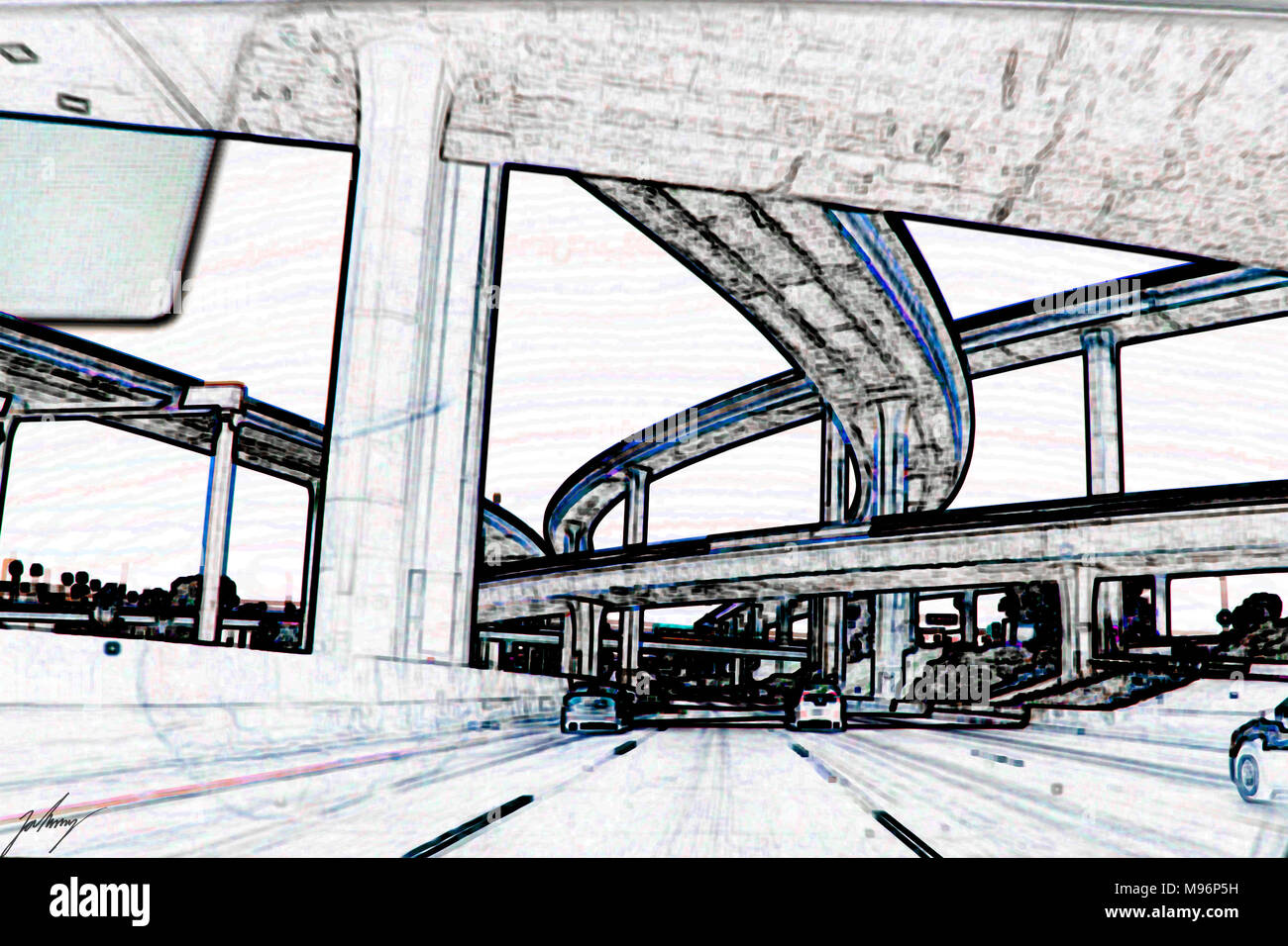 LA, many people want to be on many places in big cars. Solution is multilane roads with multifloor junctions... Stock Photo