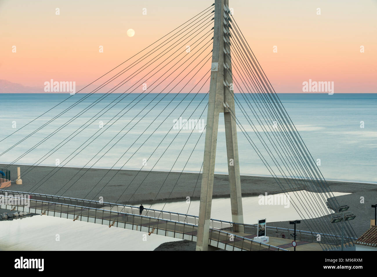 Fuengirola River Pedestrian Bridge / Puente de la Armada Española, cable-stayed pedestrian suspension bridge over Rio Fuengirola, Costa del Sol, Spain Stock Photo