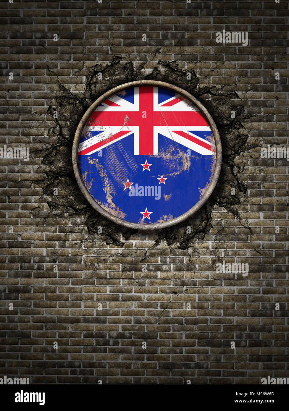 3d rendering of a New Zealand national flag over a rusty metallic plate ...