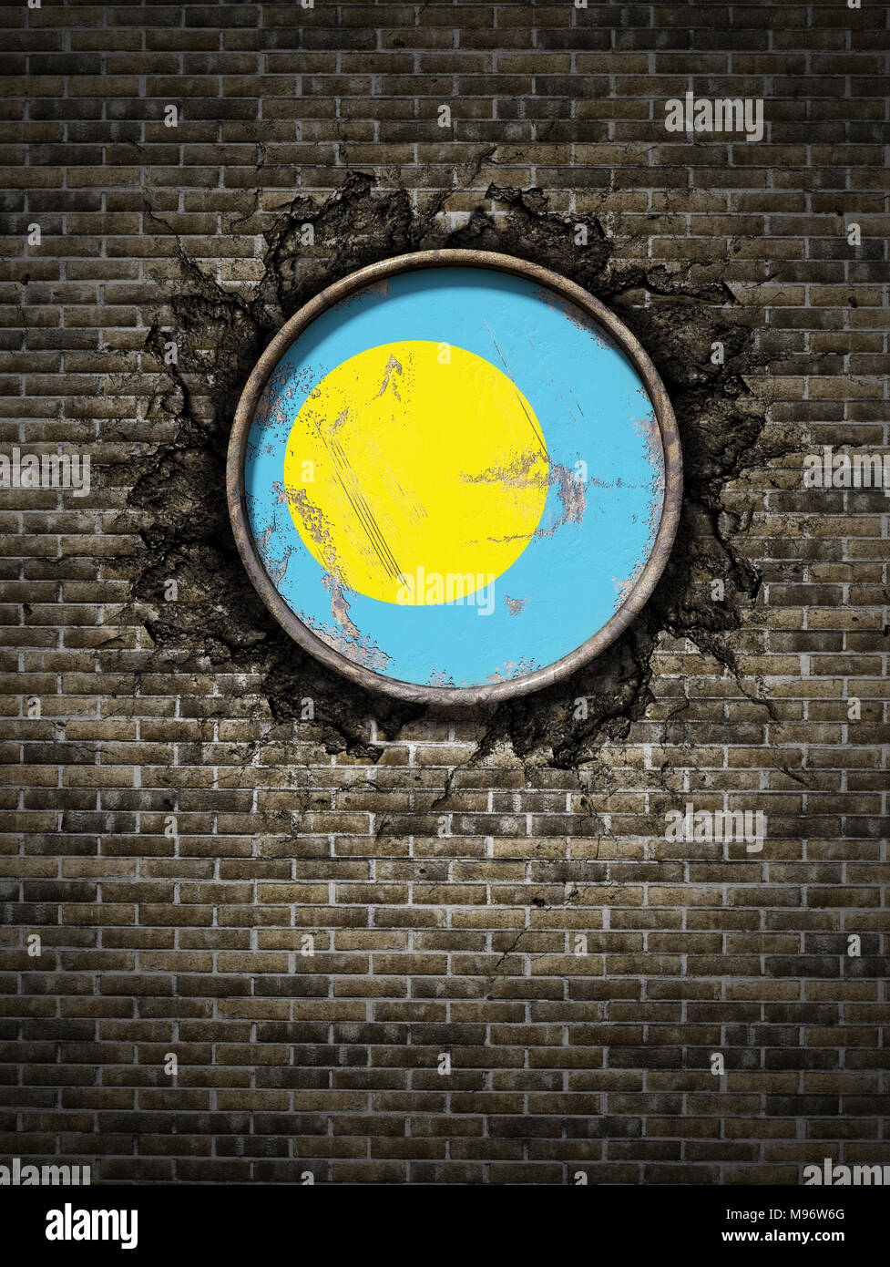 3d rendering of a Palau national flag over a rusty metallic plate ...
