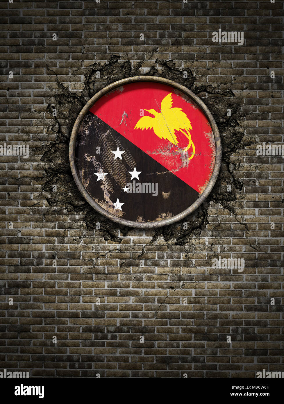 3d rendering of a Papua New Guinea national flag over a rusty metallic ...