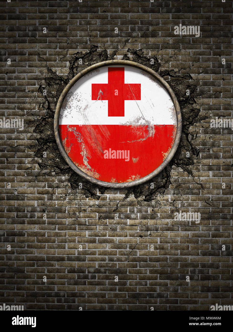 3d rendering of a Tonga national flag over a rusty metallic plate ...