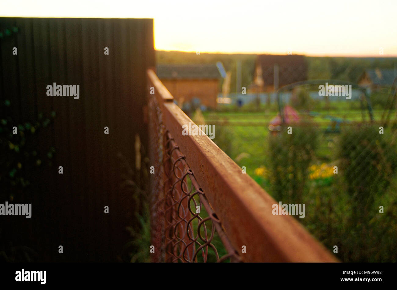 iron fence mesh summer evening, Tula region Stock Photo