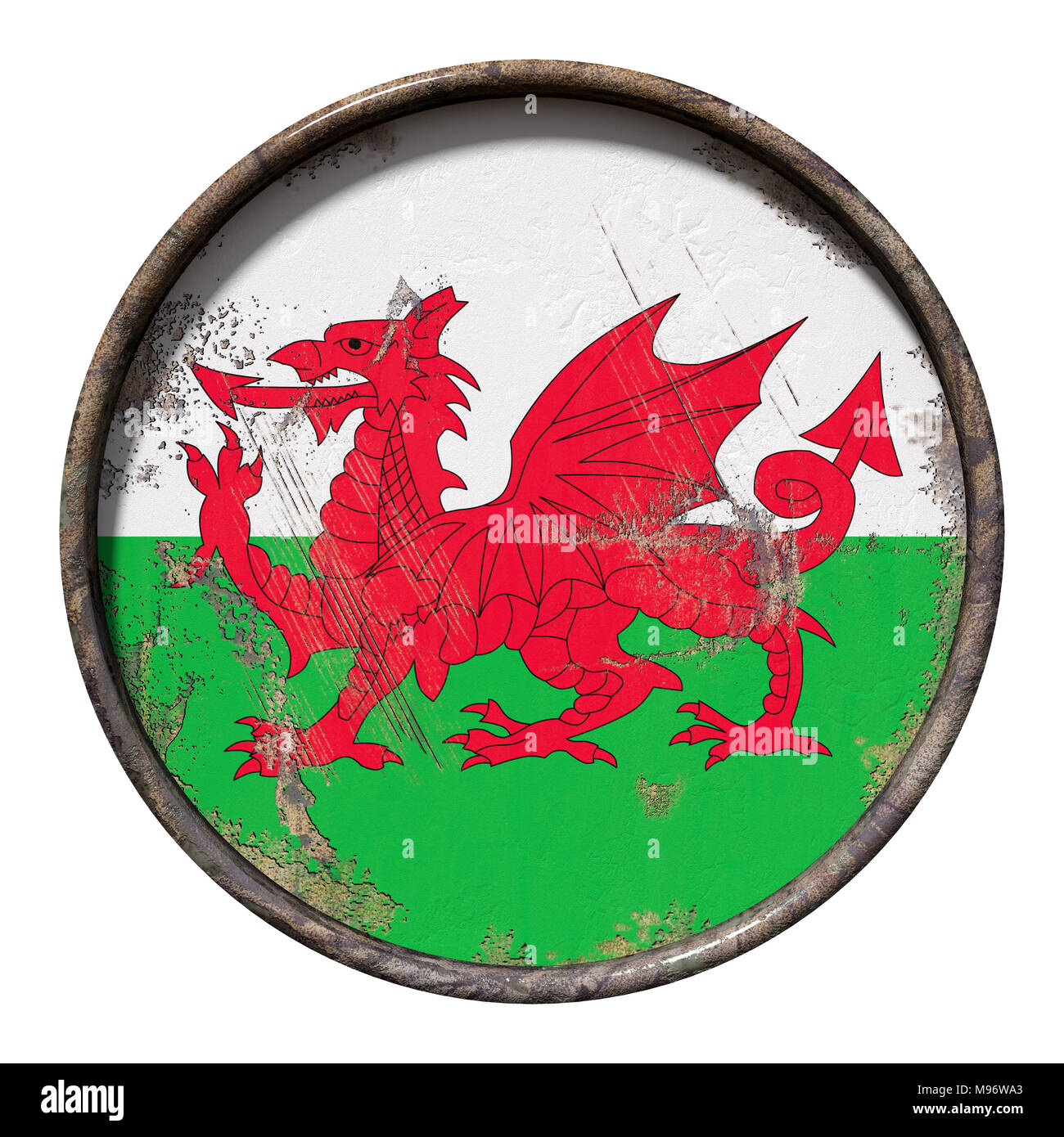 3d rendering of a Wales flag over a rusty metallic plate. Isolated on ...