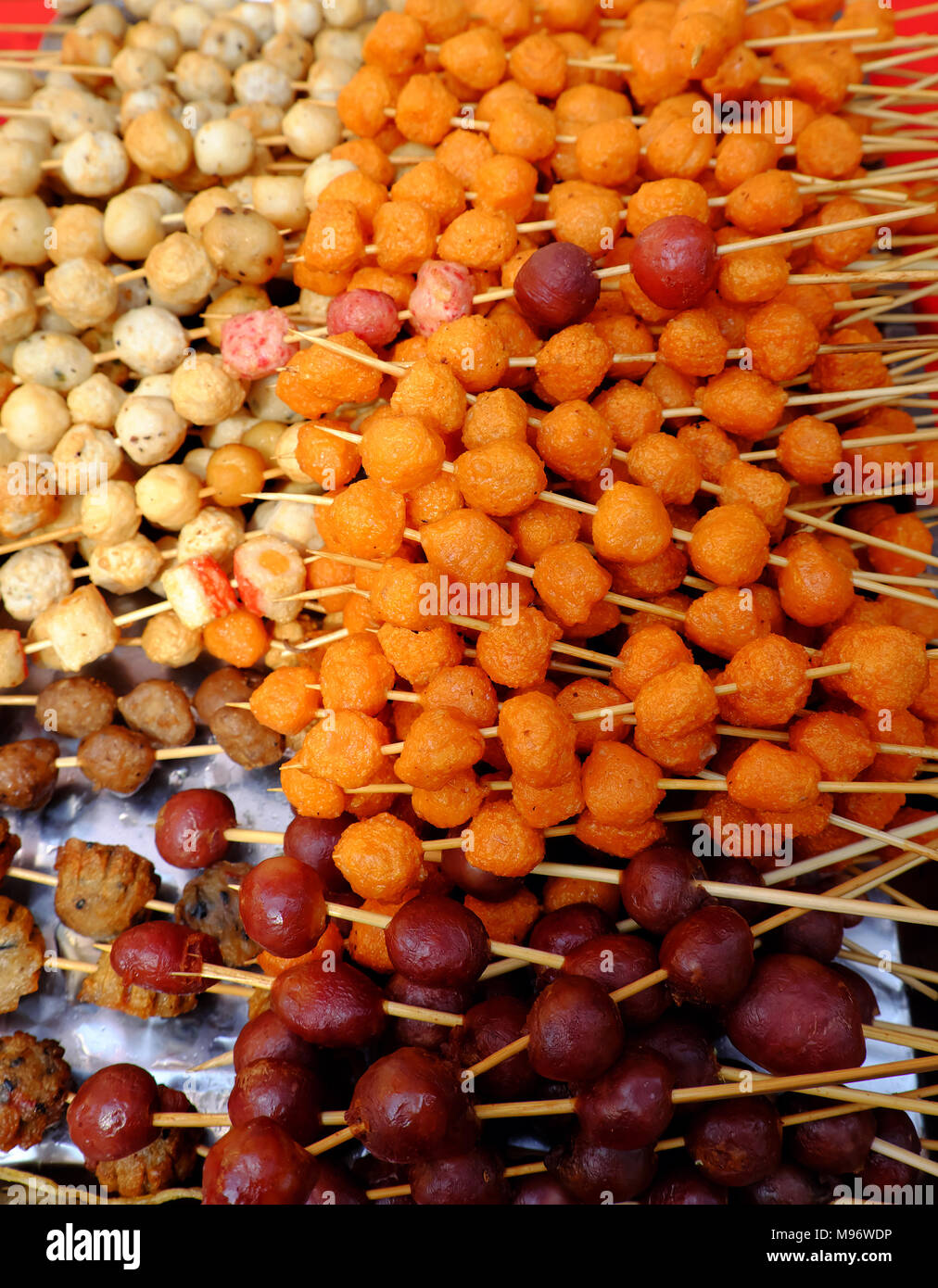 Thailand street food at cuisine fair,fried fish balls, meat balls