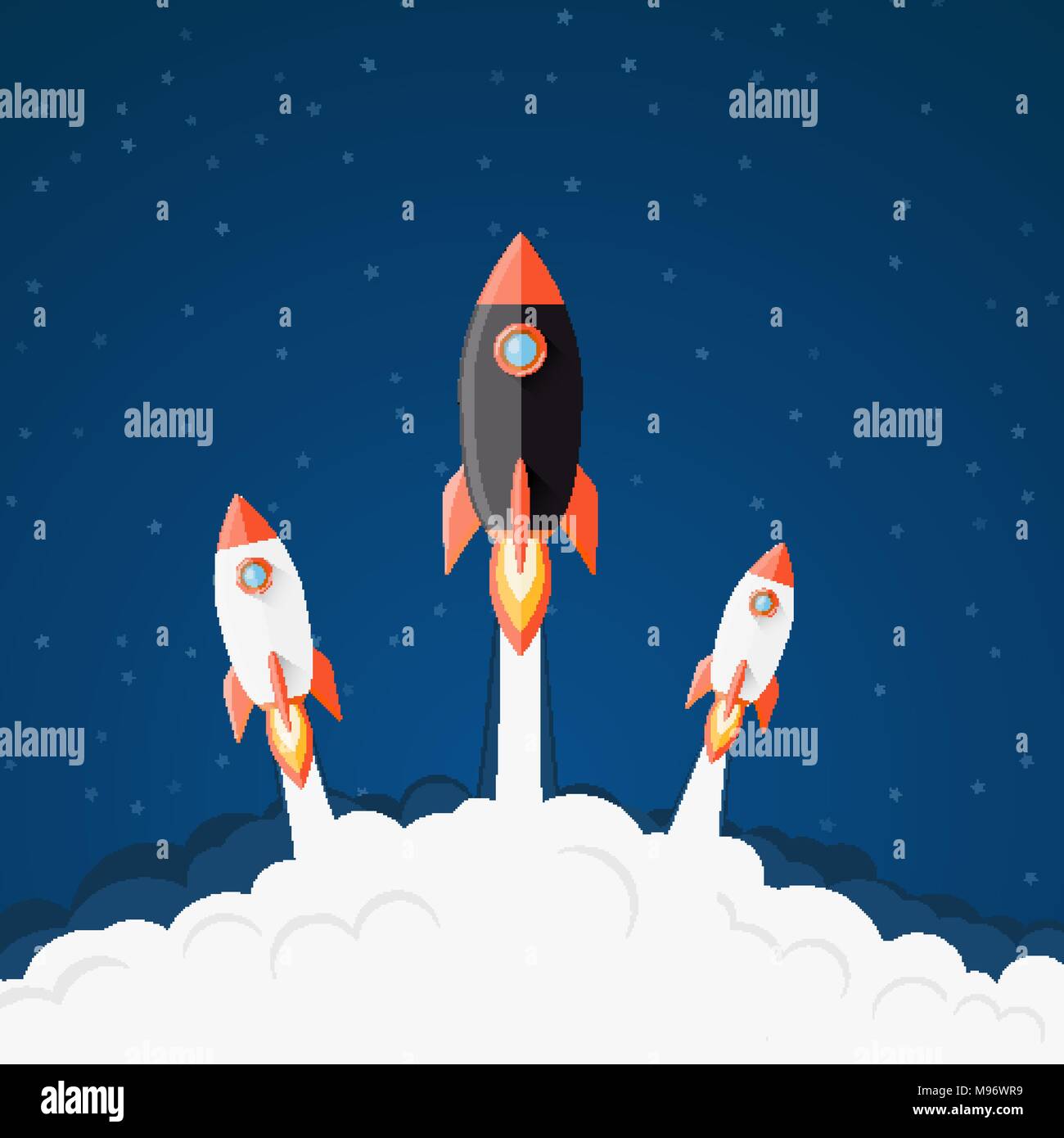 Rocket launching background. Spaceship take-off flat illustration Stock Vector